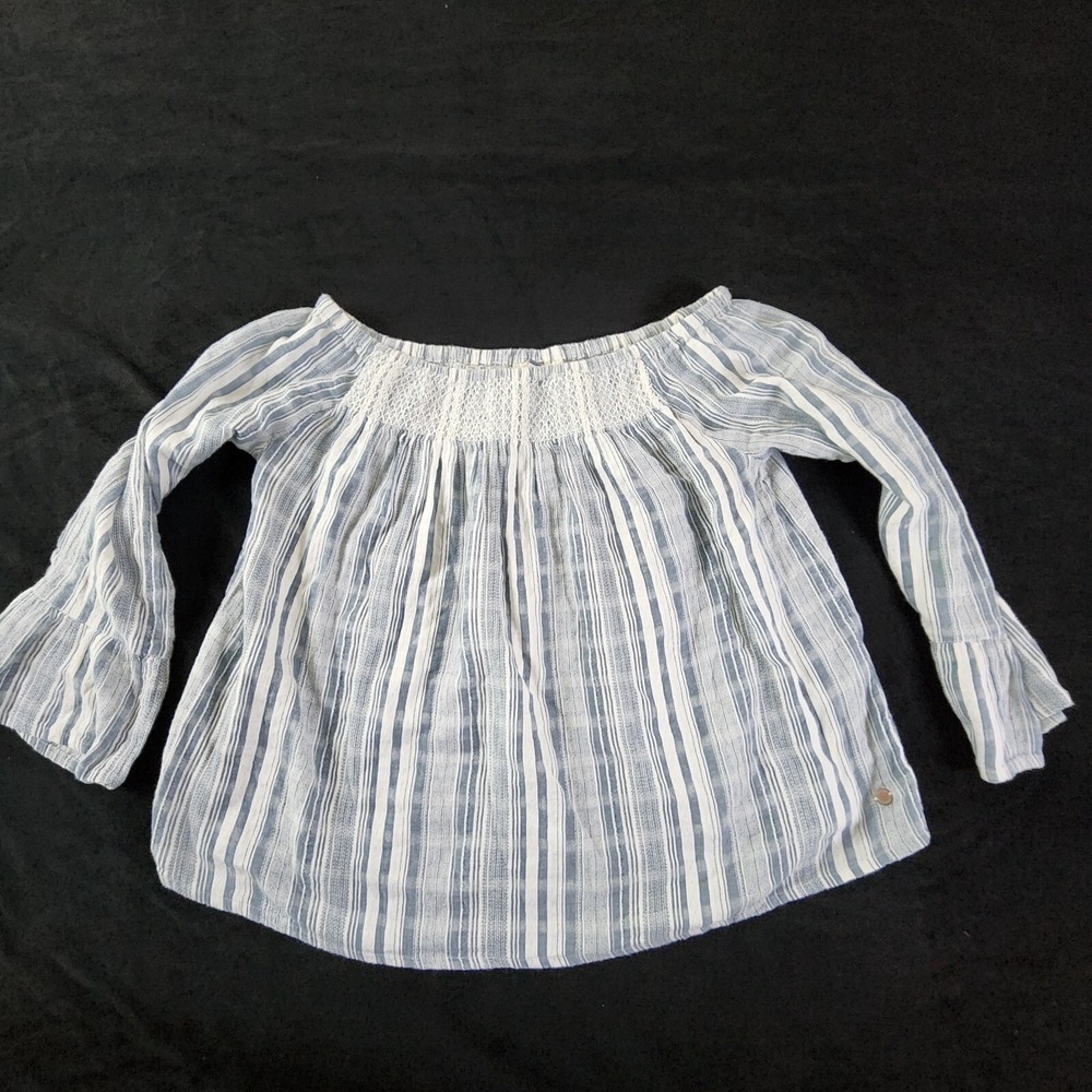 Roxy Beachy Boho 3/4 Sleeve Cropped White Blue‎  Blouse Women's S